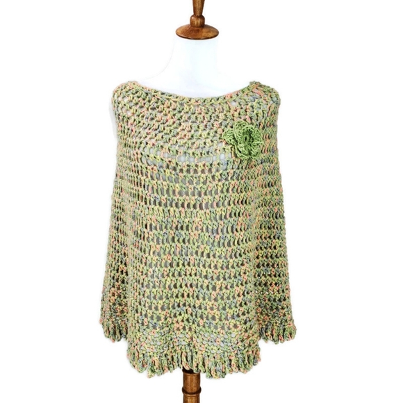Vintage Hand Knit Open Knit Crochet Granny Poncho Cape Shawl Chunky Boho - Picture 1 of 6